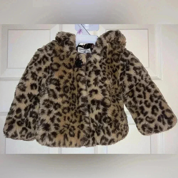Girl MUD PIE baby Tan Brown Leopard Print Faux Fur Fuzzy Hoodie Coat Sz 0-6m